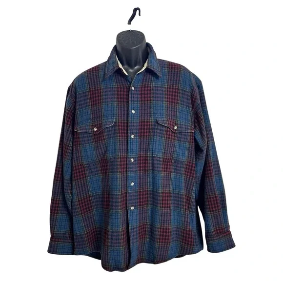 Eddie Bauer Men's XL Wool Vtg 90's Plaid Shirt Red Green Multi Outdoor - Picture 3 of 16